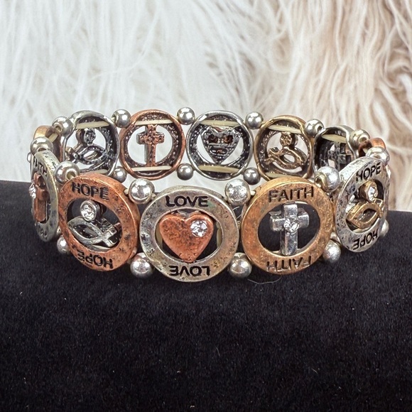 Aged Silvertone, bronzetone, Coppertone, Hope Faith Love stretch bracelet ￼